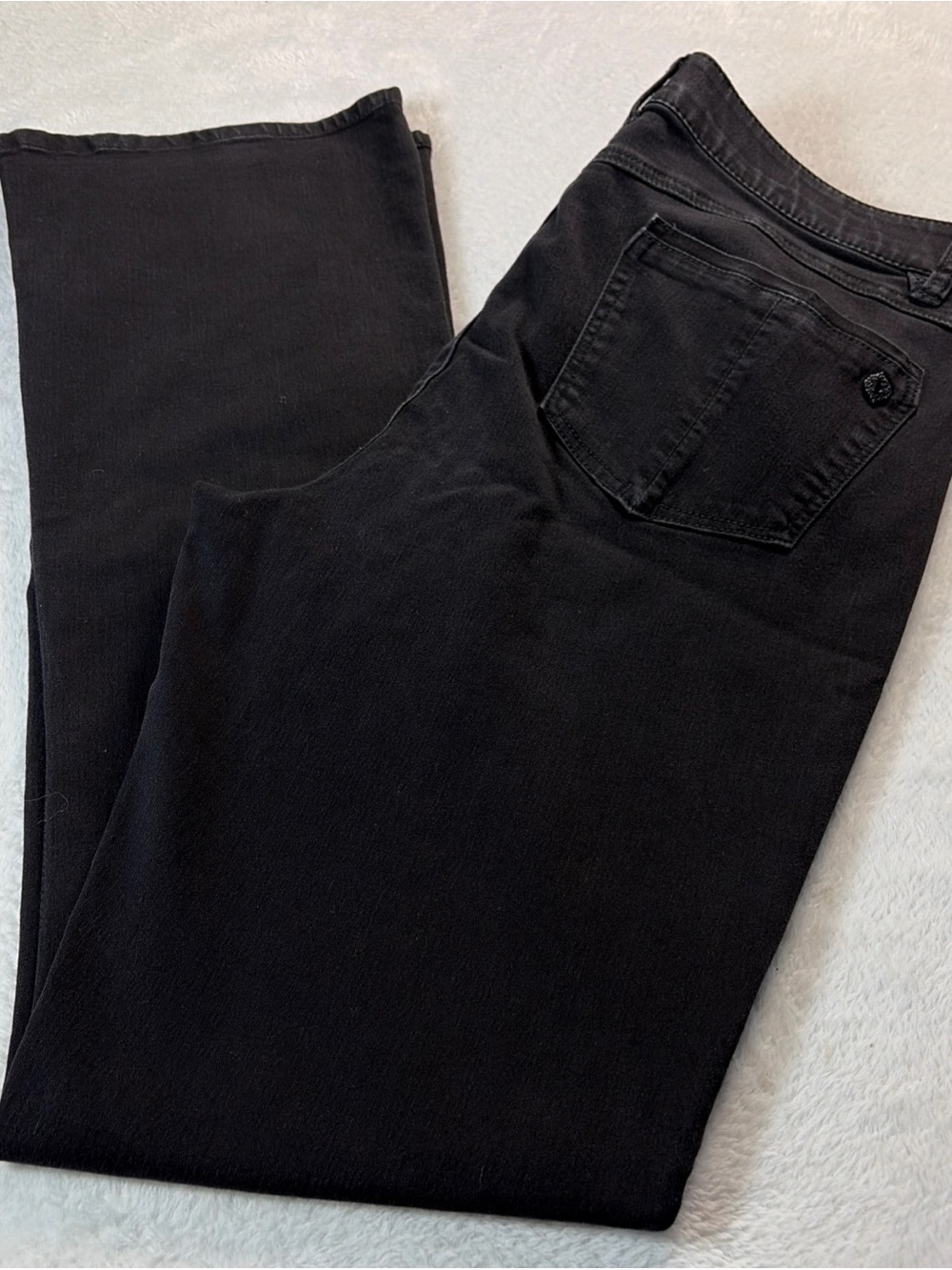 Democracy Women’s Black Denim Boot Cut Jeans Button Zip 5-Pocket Logo Size 14 L